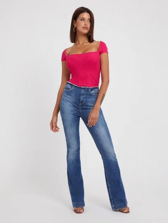 Women Rib Knit Sweater Top Fuchsia Guess Tops And Shirts