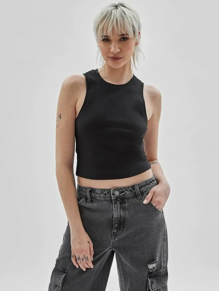 Women Rib Knit Tank Top Black Guess Tops And Shirts
