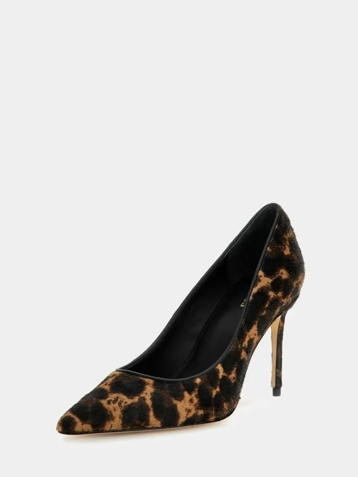 Women Rica Real Leather Court Shoes Animalier Brown Guess Heels