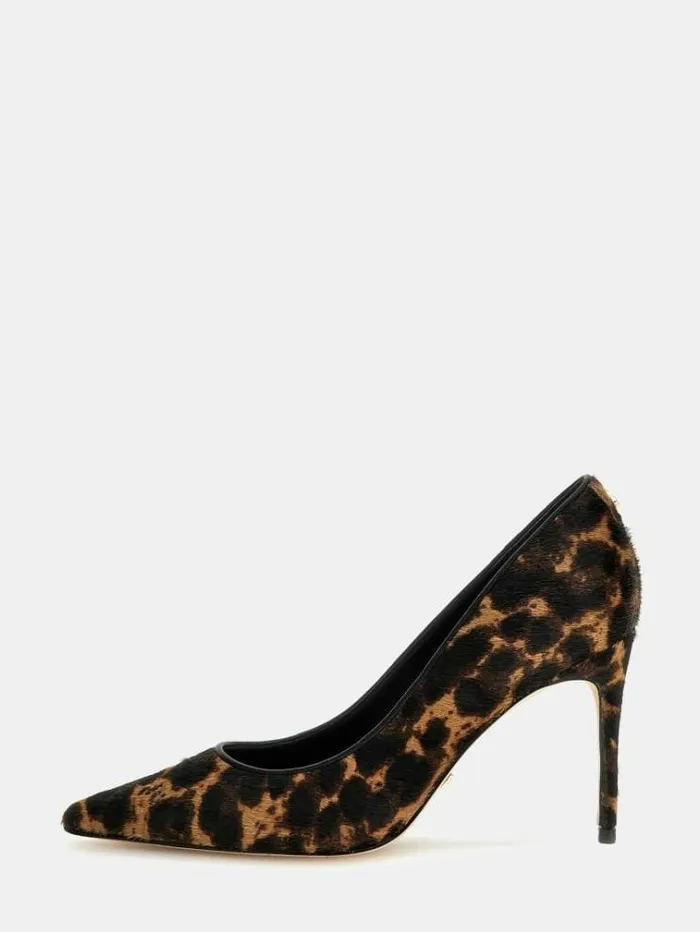 Women Rica Real Leather Court Shoes Animalier Brown Guess Heels