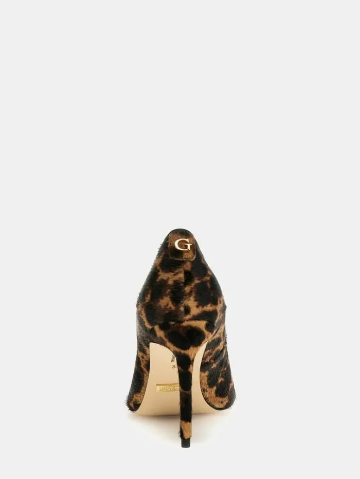 Women Rica Real Leather Court Shoes Animalier Brown Guess Heels