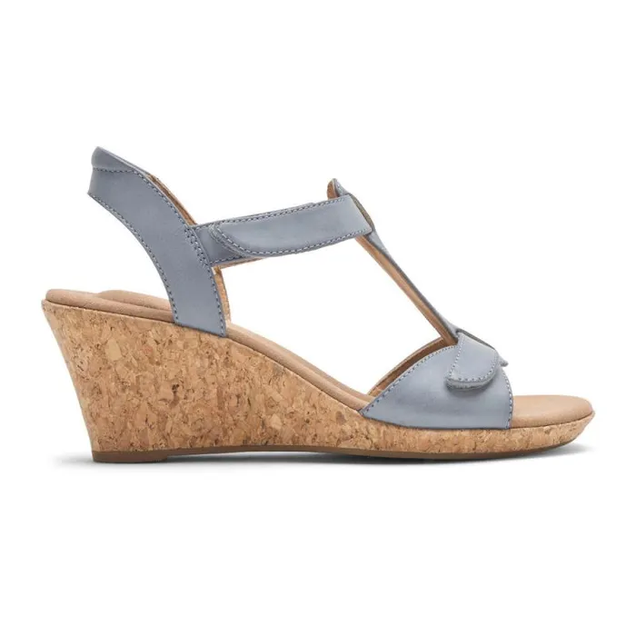 Women Rockport Sandals and Wedges Blanca TStrap Sandal Blue Chambray