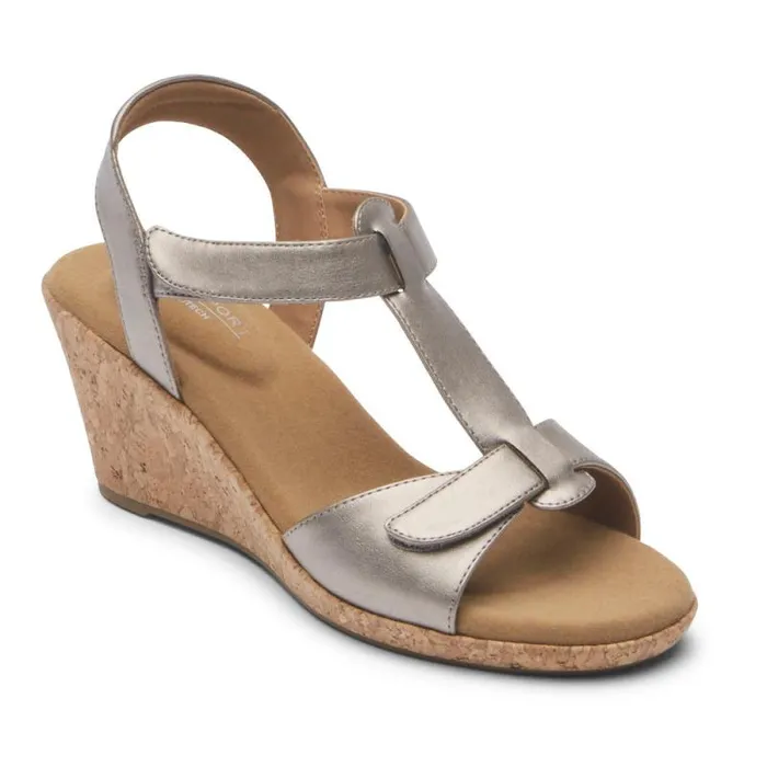 Women Rockport Sandals and Wedges Blanca TStrap Sandal Taupe Metallic