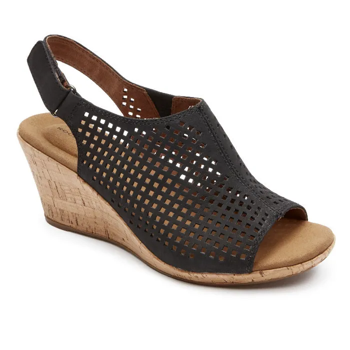 Women Rockport Sandals and Wedges Briah Perforated Slingback Sandal Black Nubuck Women Rockport Sandals and Wedges Briah Perforated Slingback Sandal Black Nubuck