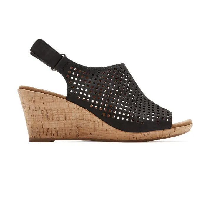 Women Rockport Sandals and Wedges Briah Perforated Slingback Sandal Black Nubuck