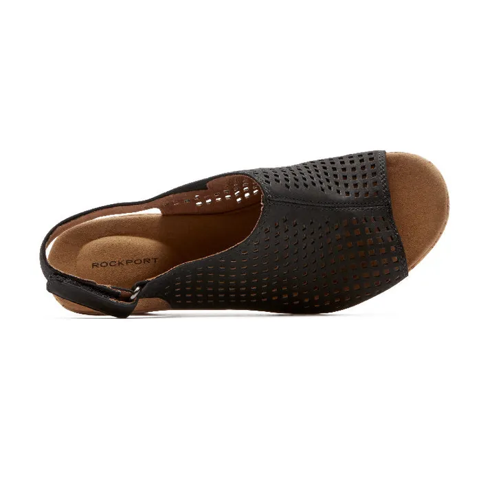 Women Rockport Sandals and Wedges Briah Perforated Slingback Sandal Black Nubuck
