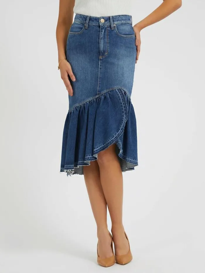 Women Ruffled Denim Skirt Blue Guess Skirts And Shorts
