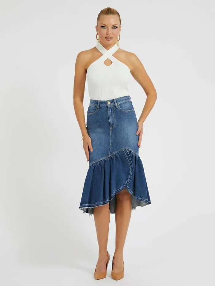 Women Ruffled Denim Skirt Blue Guess Skirts And Shorts