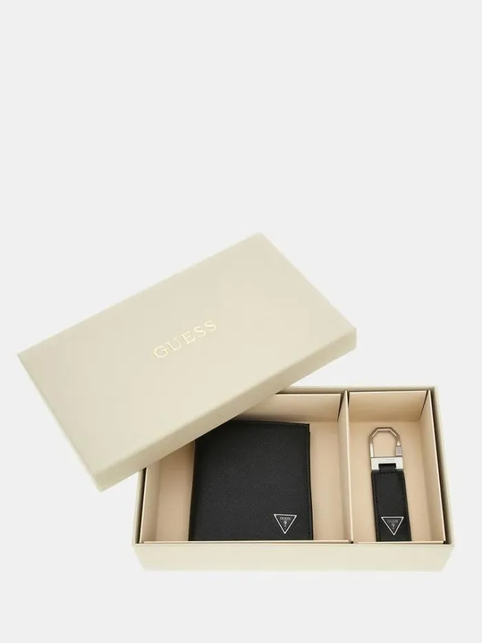 Women Saffiano Wallet And Keychain Set Black Guess Wallets