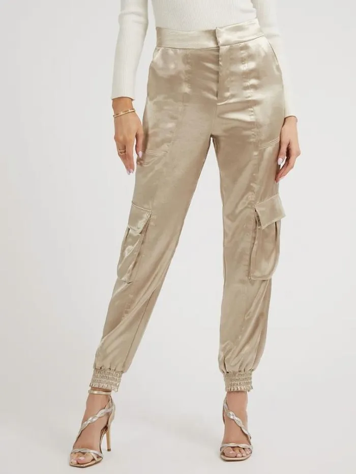 Women Satin Cargo Pant Gold Guess Trousers