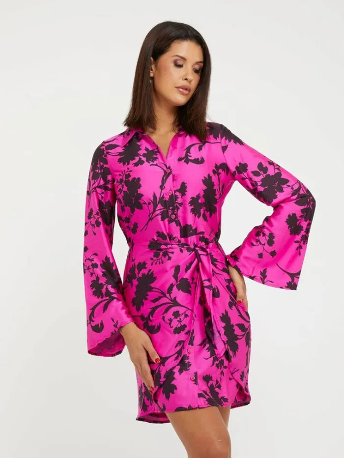 Women Satin Chemisier Dress Floral Pink Guess Dresses And Jumpsuits
