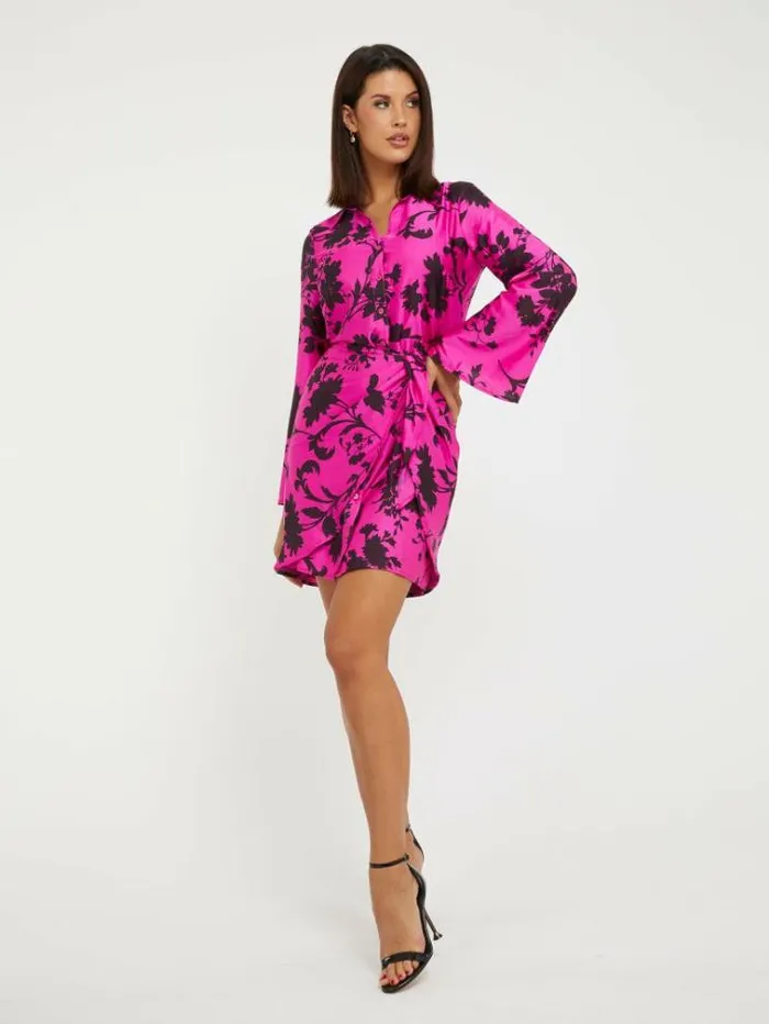Women Satin Chemisier Dress Floral Pink Guess Dresses And Jumpsuits