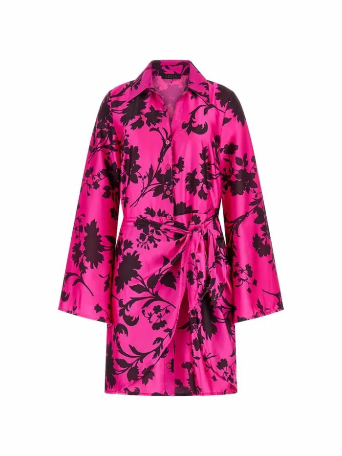 Women Satin Chemisier Dress Floral Pink Guess Dresses And Jumpsuits