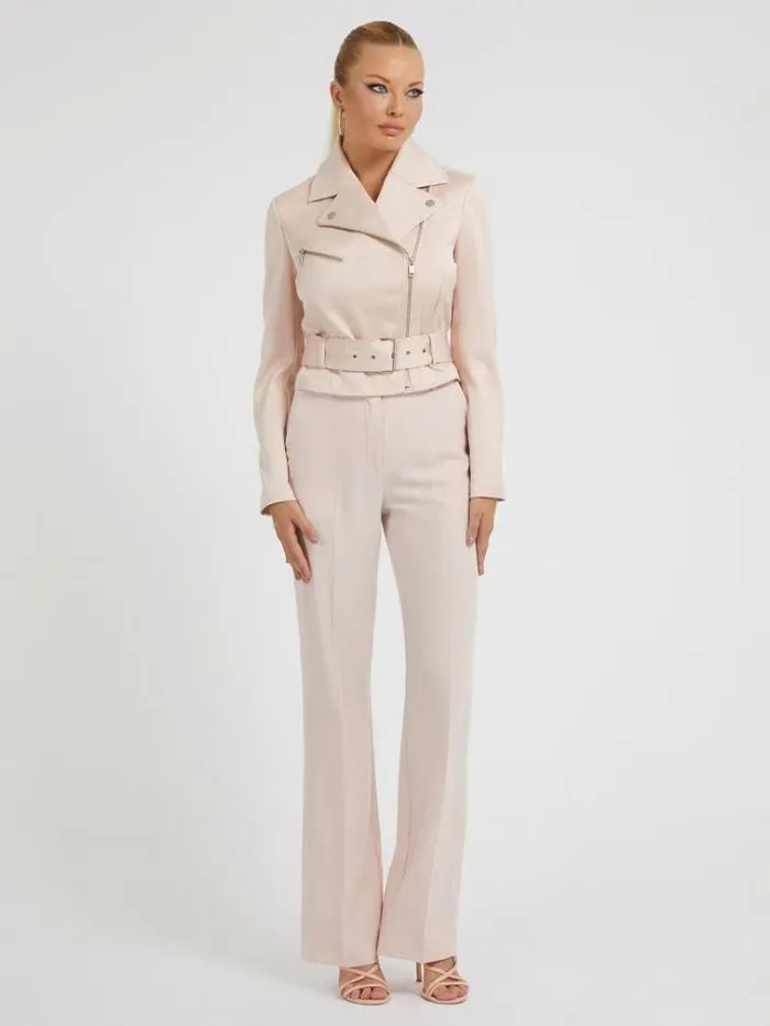 Women Satin Cropped Biker Jacket Powder Pink Guess Coats And Jackets