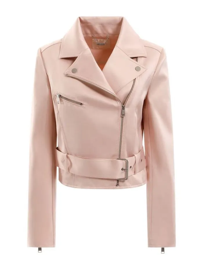 Women Satin Cropped Biker Jacket Powder Pink Guess Coats And Jackets