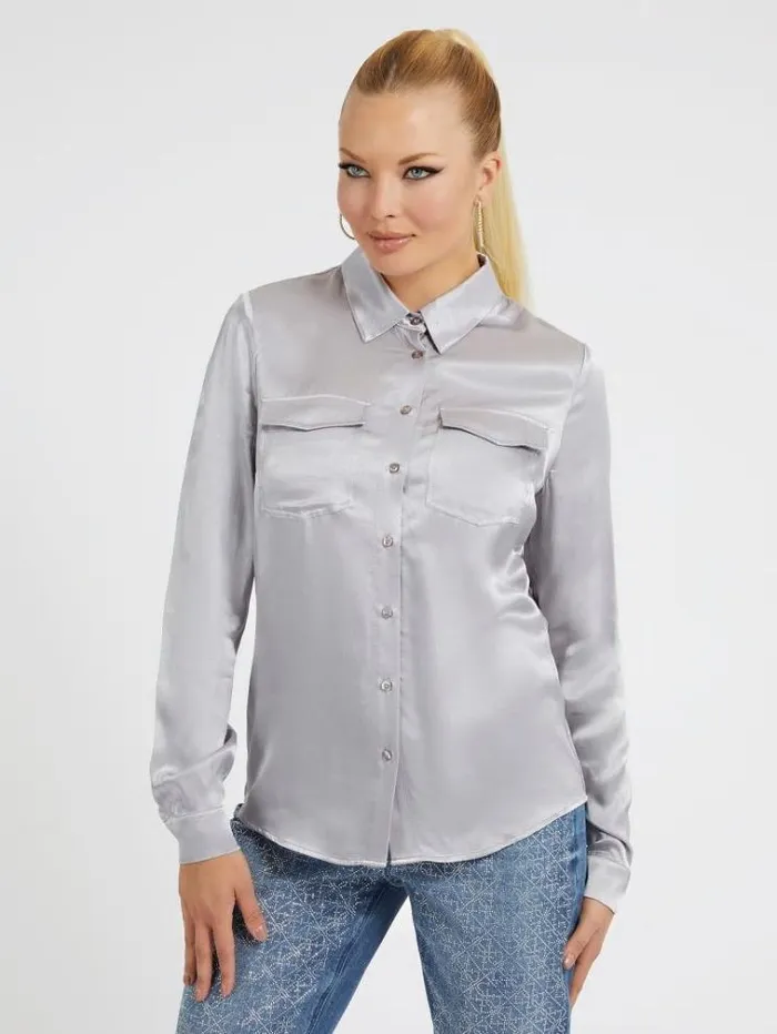 Women Satin Shirt Grey Guess Tops And Shirts