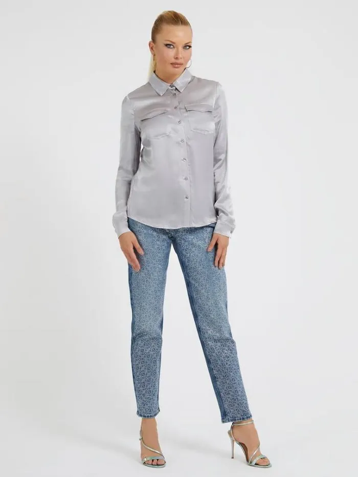 Women Satin Shirt Grey Guess Tops And Shirts