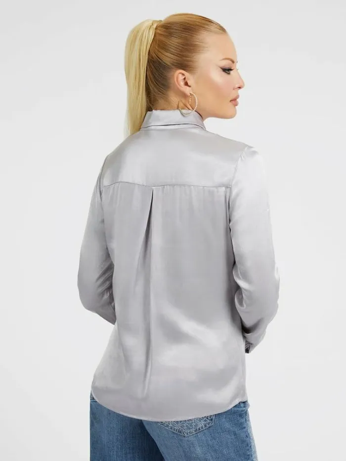 Women Satin Shirt Grey Guess Tops And Shirts