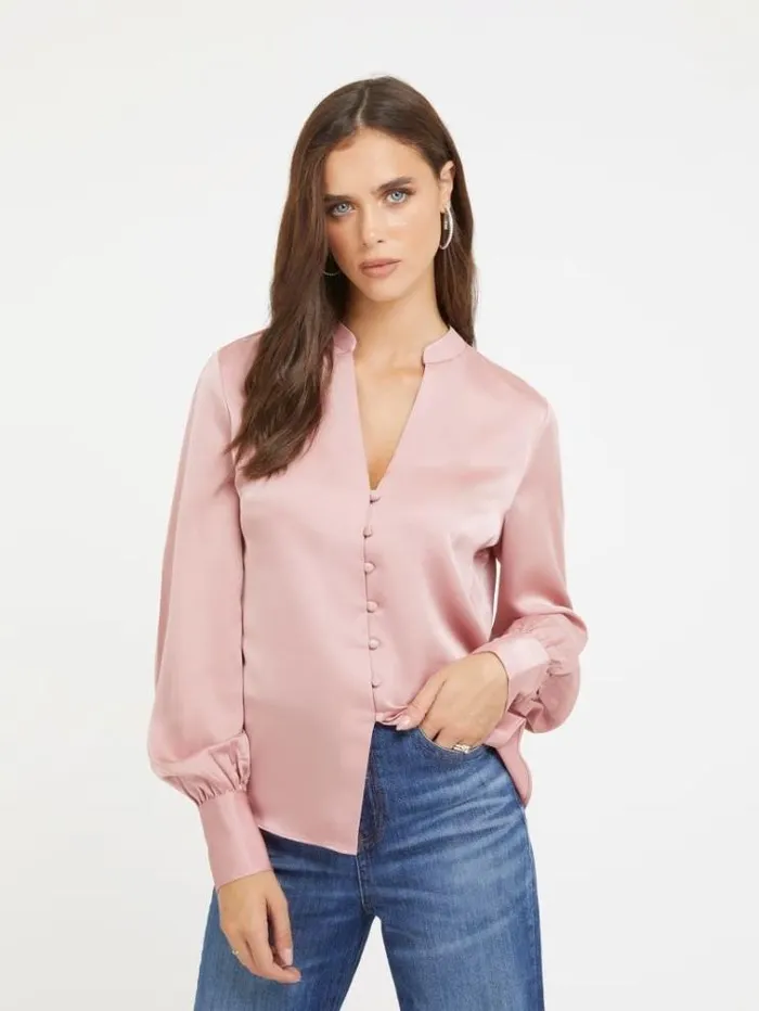 Women Satin Shirt Pink Guess Tops And Shirts