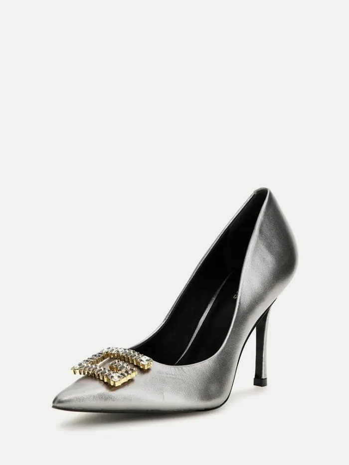 Women Scandel Foiled Court Shoes Silver Guess Heels