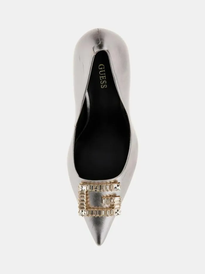 Women Scandel Foiled Court Shoes Silver Guess Heels
