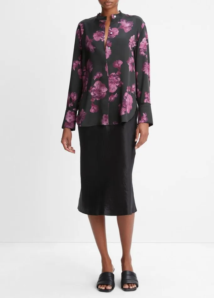 Women Shirts and Tops Vince Begonia Silk RawEdge BandCollar Blouse Wine