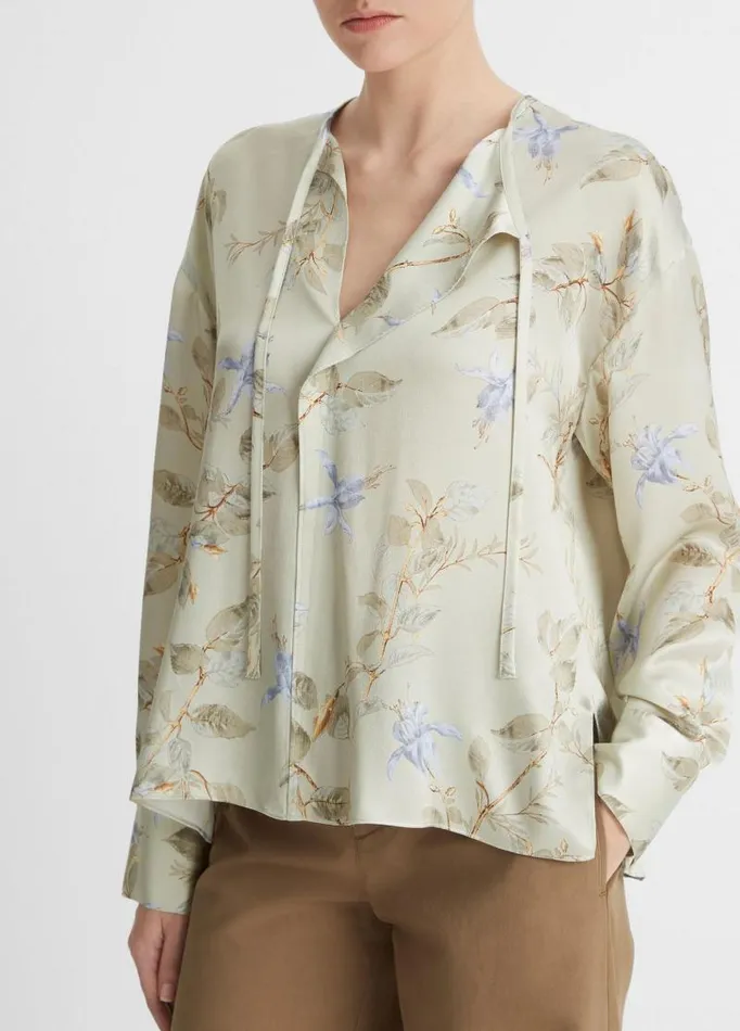 Women Shirts and Tops Vince Bellflower Silk Draped TieNeck Blouse Mint Dust