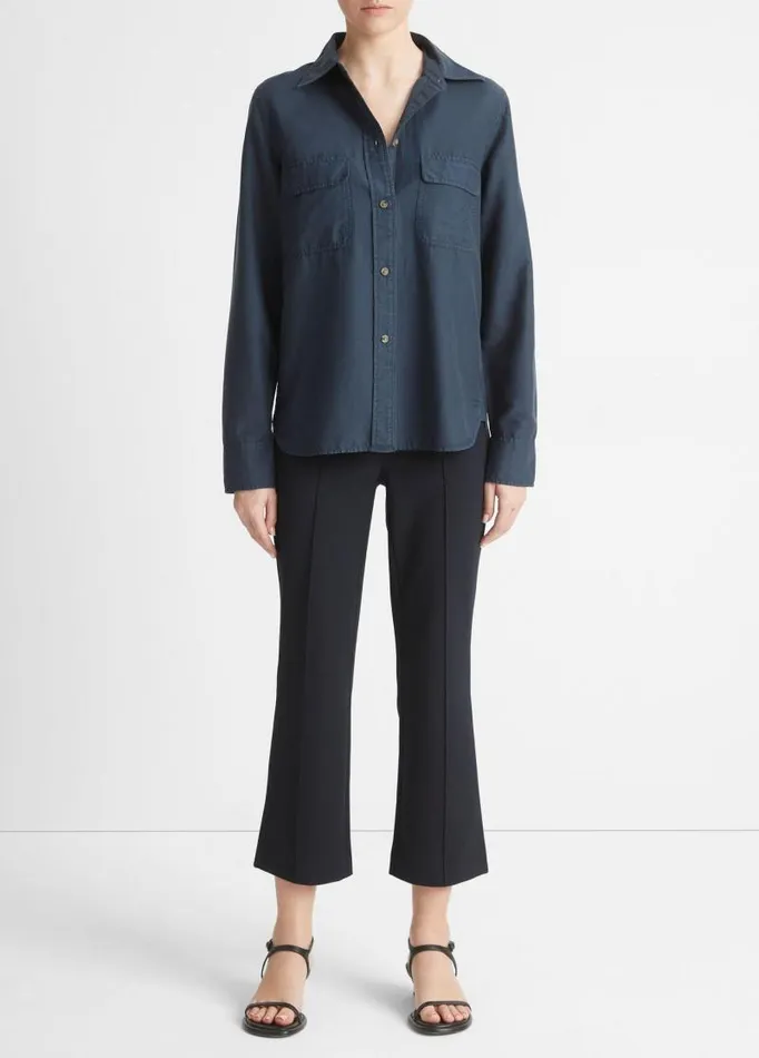 Women Shirts and Tops Vince CottonSilk Utility LongSleeve Shirt Coastal Blue