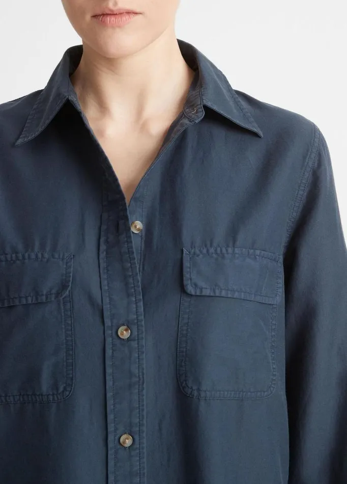 Women Shirts and Tops Vince CottonSilk Utility LongSleeve Shirt Coastal Blue