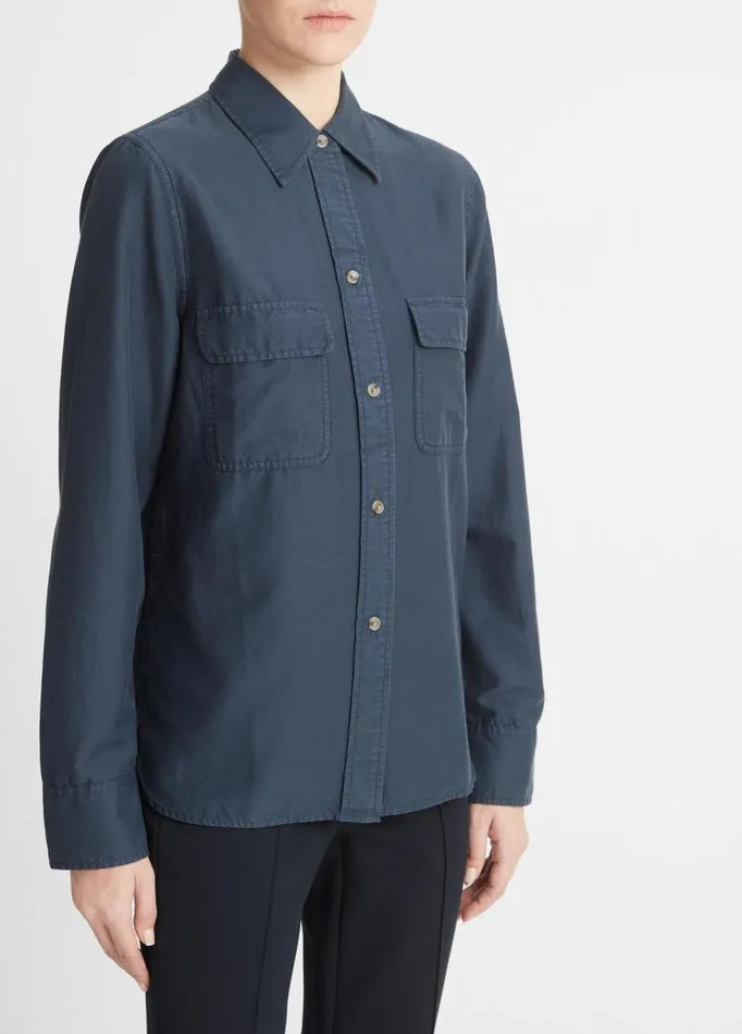 Women Shirts and Tops Vince CottonSilk Utility LongSleeve Shirt Coastal Blue