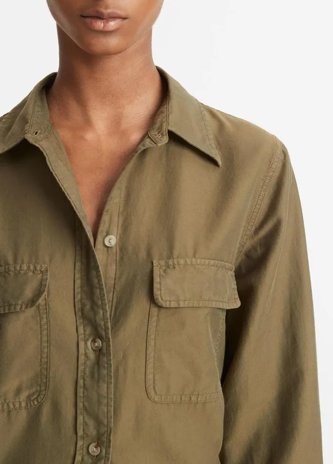 Women Shirts and Tops Vince CottonSilk Utility LongSleeve Shirt Washed Vine