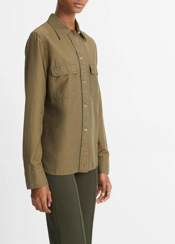 Women Shirts and Tops Vince CottonSilk Utility LongSleeve Shirt Washed Vine