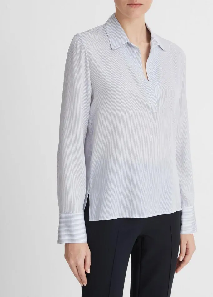 Women Shirts and Tops Vince MicroStripe StretchSilk Pullover Blouse Sky Graphite
