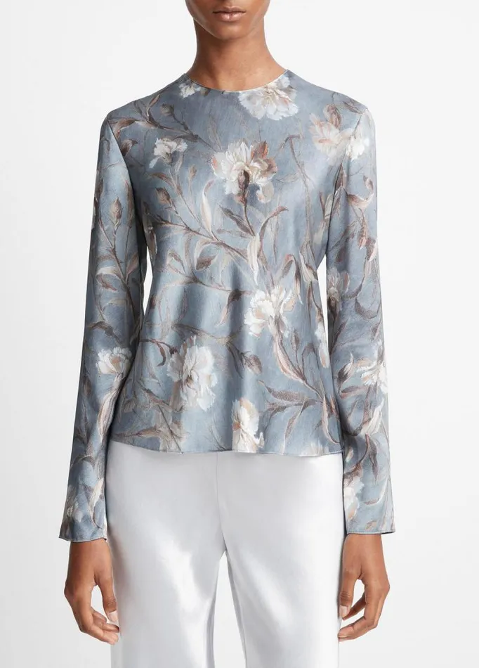 Women Shirts and Tops Vince Night Carnation Silk Bias Crew Neck Blouse Iris Smoke