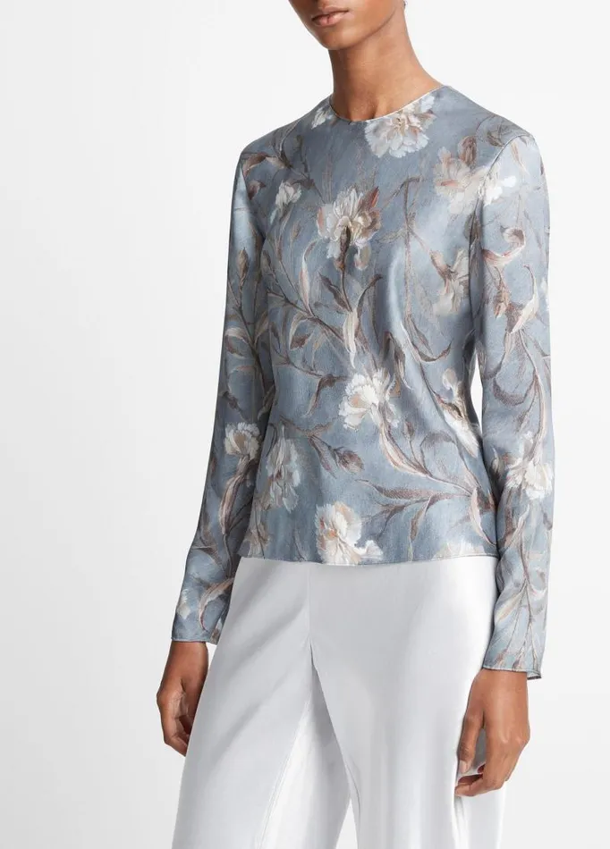 Women Shirts and Tops Vince Night Carnation Silk Bias Crew Neck Blouse Iris Smoke
