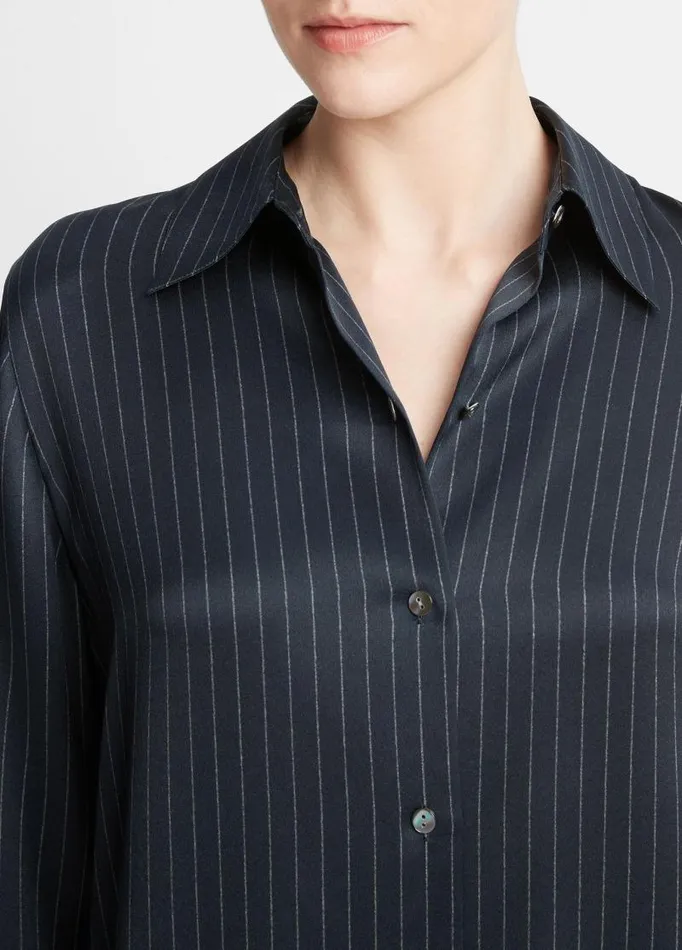 Women Shirts and Tops Vince Pinstripe Silk Slim LongSleeve Shirt Dark Obsidian