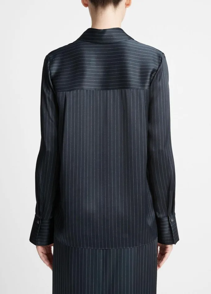 Women Shirts and Tops Vince Pinstripe Silk Slim LongSleeve Shirt Dark Obsidian