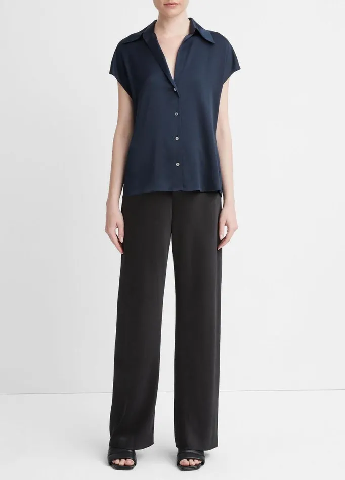 Women Shirts and Tops Vince Silk CapSleeve RuchedBack Blouse Coastal Blue