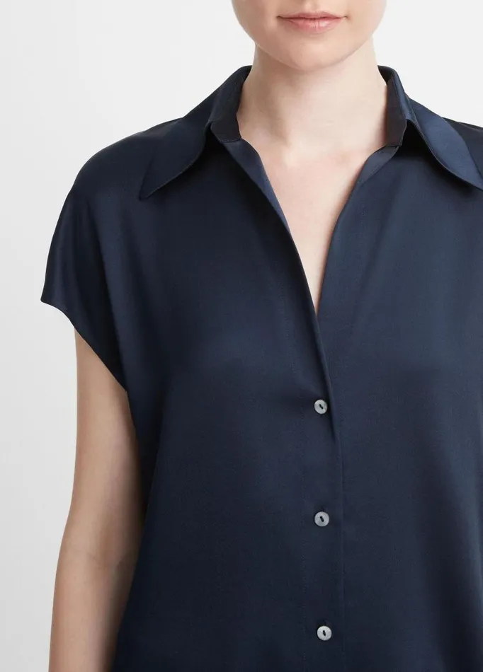 Women Shirts and Tops Vince Silk CapSleeve RuchedBack Blouse Coastal Blue