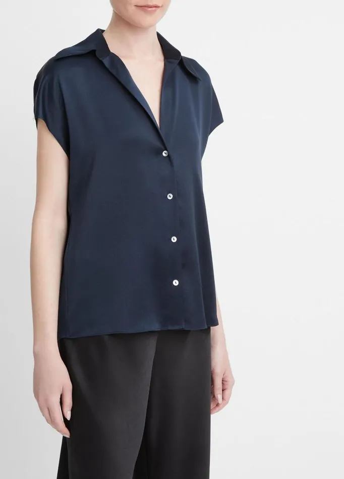 Women Shirts and Tops Vince Silk CapSleeve RuchedBack Blouse Coastal Blue