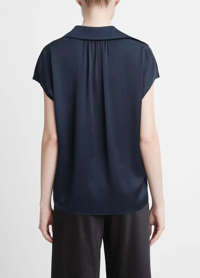 Women Shirts and Tops Vince Silk CapSleeve RuchedBack Blouse Coastal Blue