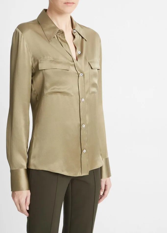 Women Shirts and Tops Vince Silk ChestPocket LongSleeve Blouse Artichoke