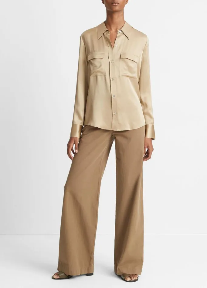 Women Shirts and Tops Vince Silk ChestPocket LongSleeve Blouse Beige Stone