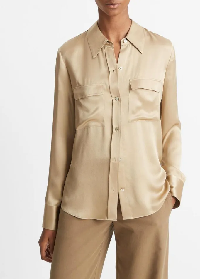 Women Shirts and Tops Vince Silk ChestPocket LongSleeve Blouse Beige Stone