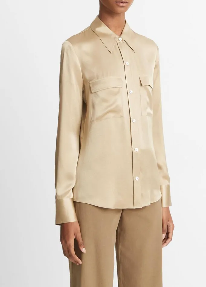 Women Shirts and Tops Vince Silk ChestPocket LongSleeve Blouse Beige Stone