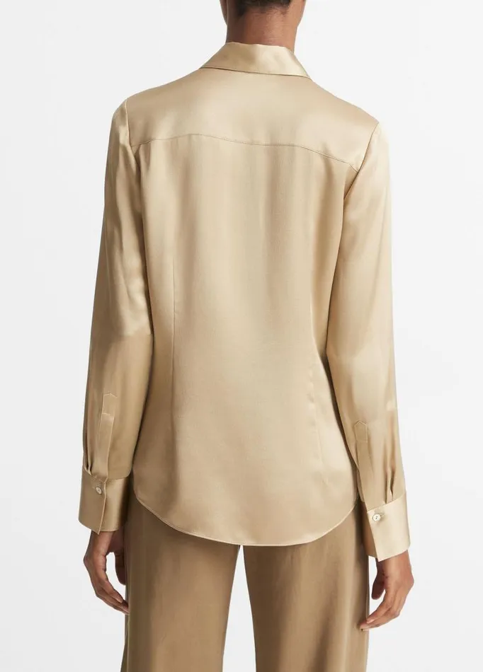 Women Shirts and Tops Vince Silk ChestPocket LongSleeve Blouse Beige Stone