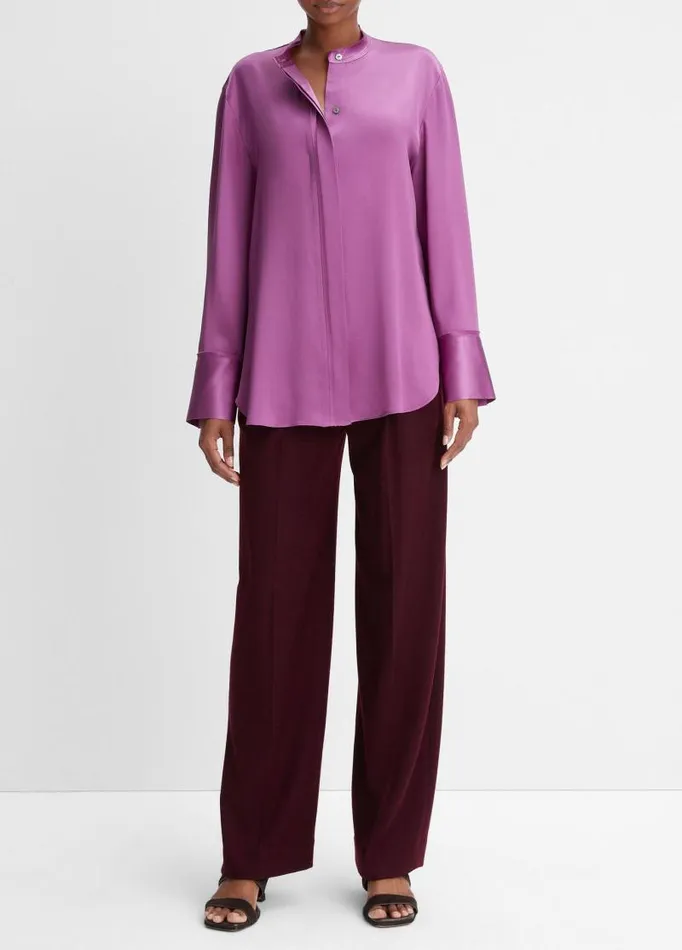 Women Shirts and Tops Vince Silk RawEdge BandCollar Blouse Dewberry