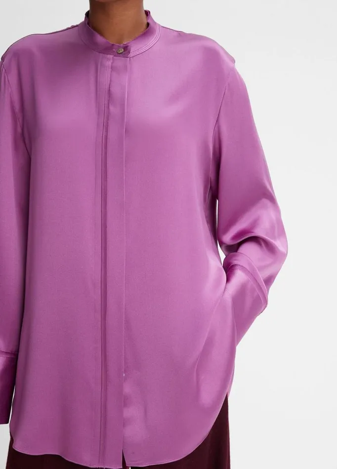Women Shirts and Tops Vince Silk RawEdge BandCollar Blouse Dewberry