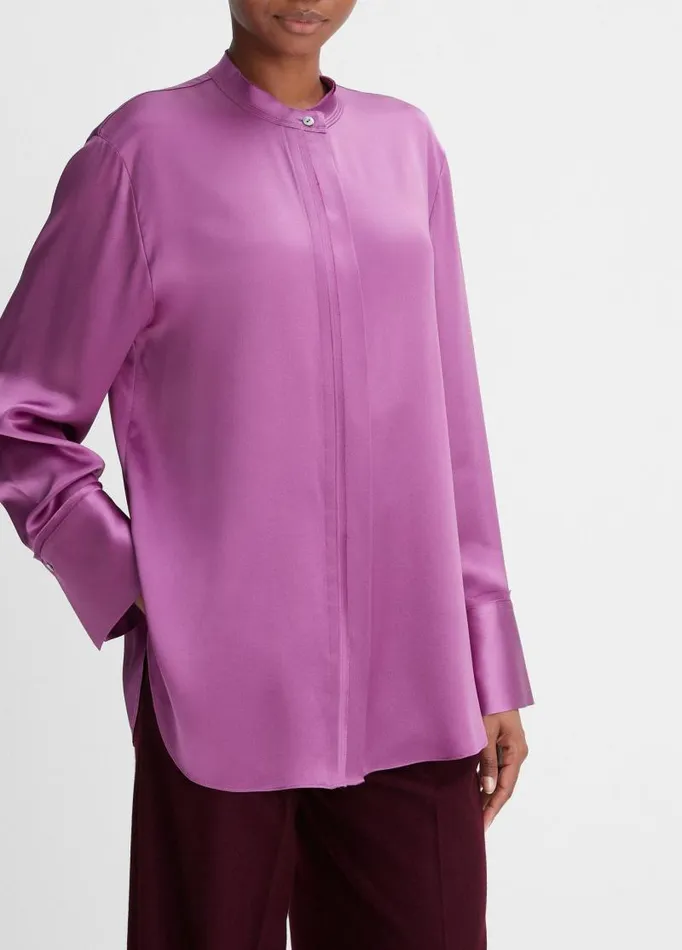 Women Shirts and Tops Vince Silk RawEdge BandCollar Blouse Dewberry