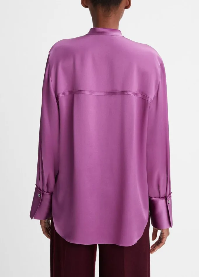 Women Shirts and Tops Vince Silk RawEdge BandCollar Blouse Dewberry